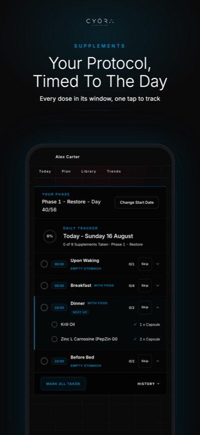CYORA App, your supplement protocol timed to the day