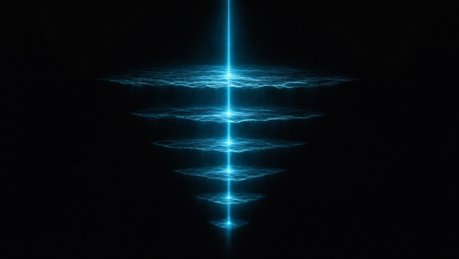 Six luminous strata forming a pyramid, a single beam of light descending through all six