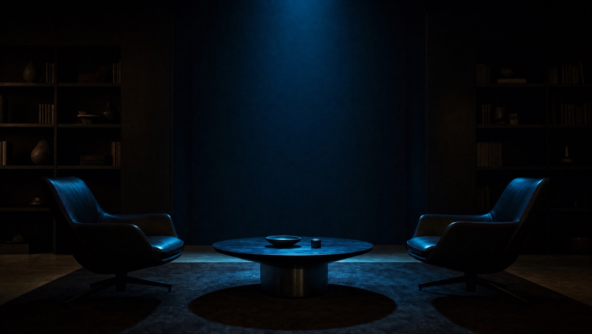 Two chairs facing each other in a quiet private study, lit from above