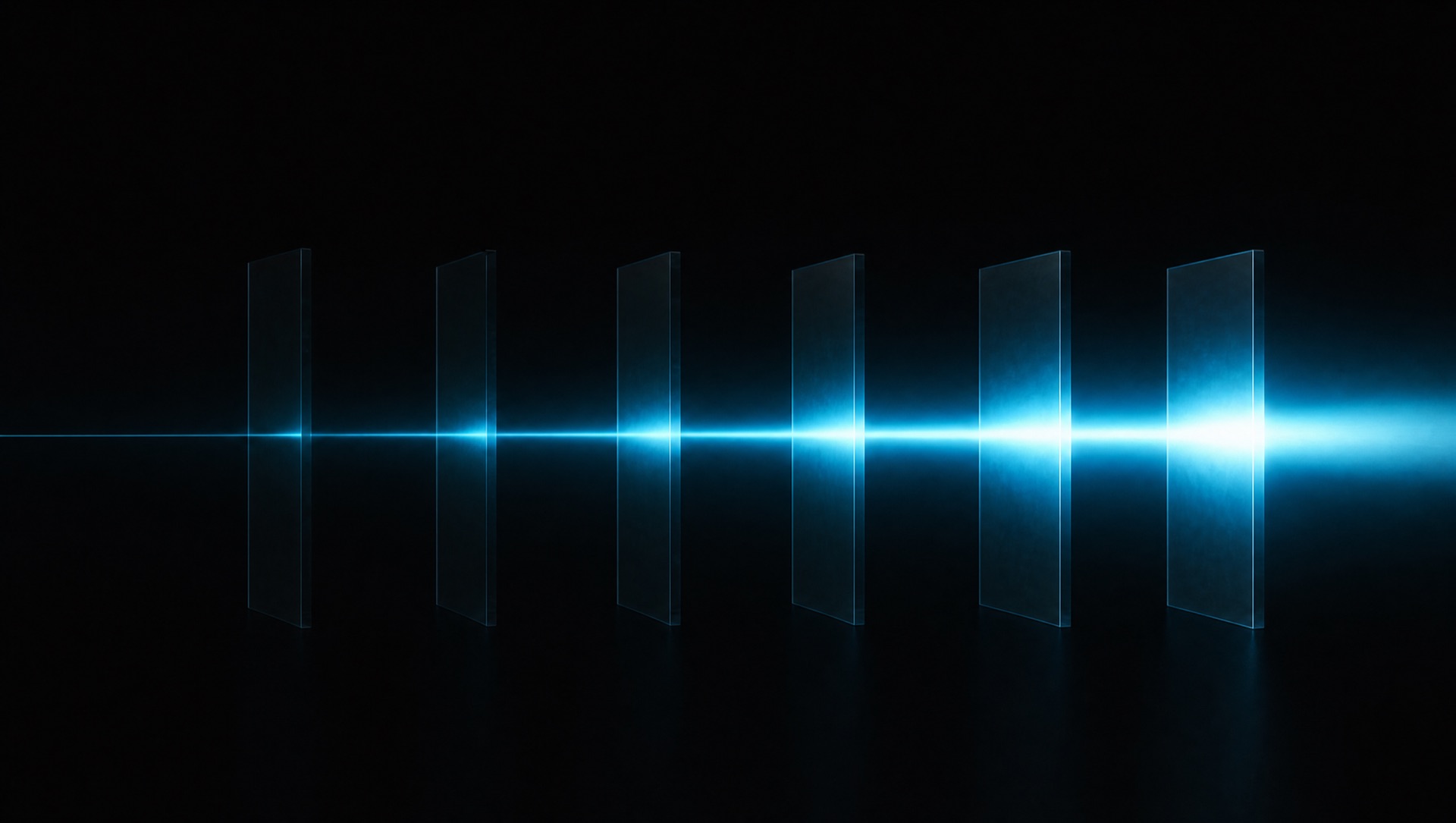 A single thread of light passing through six panes of glass, growing brighter through each